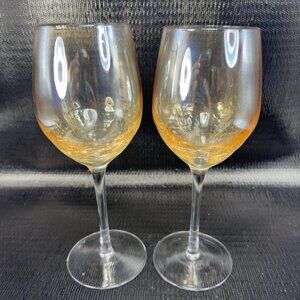 Pier 1 Crackle Glass Goblet Glasses Cups Stemware Gold Yellows Luster Finish VTG